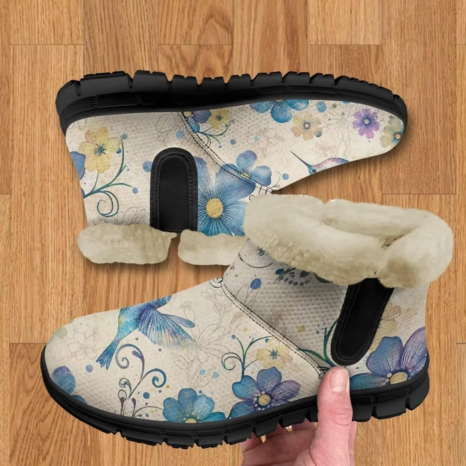 Flower Snow Boots for Women Winter Ankle Fuzzy Boot Warm Outdoor Booties Plush Fluffy Hiking Shoes