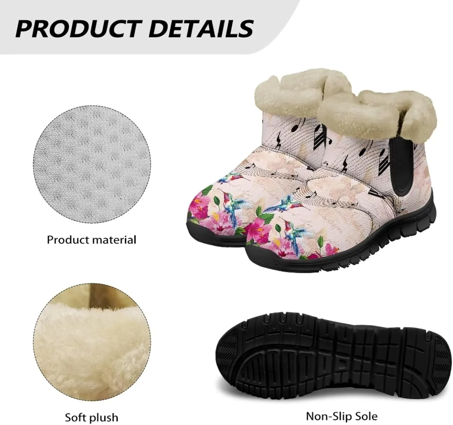 Flower Snow Boots for Women Winter Ankle Fuzzy Boot Warm Outdoor Booties Plush Fluffy Hiking Shoes