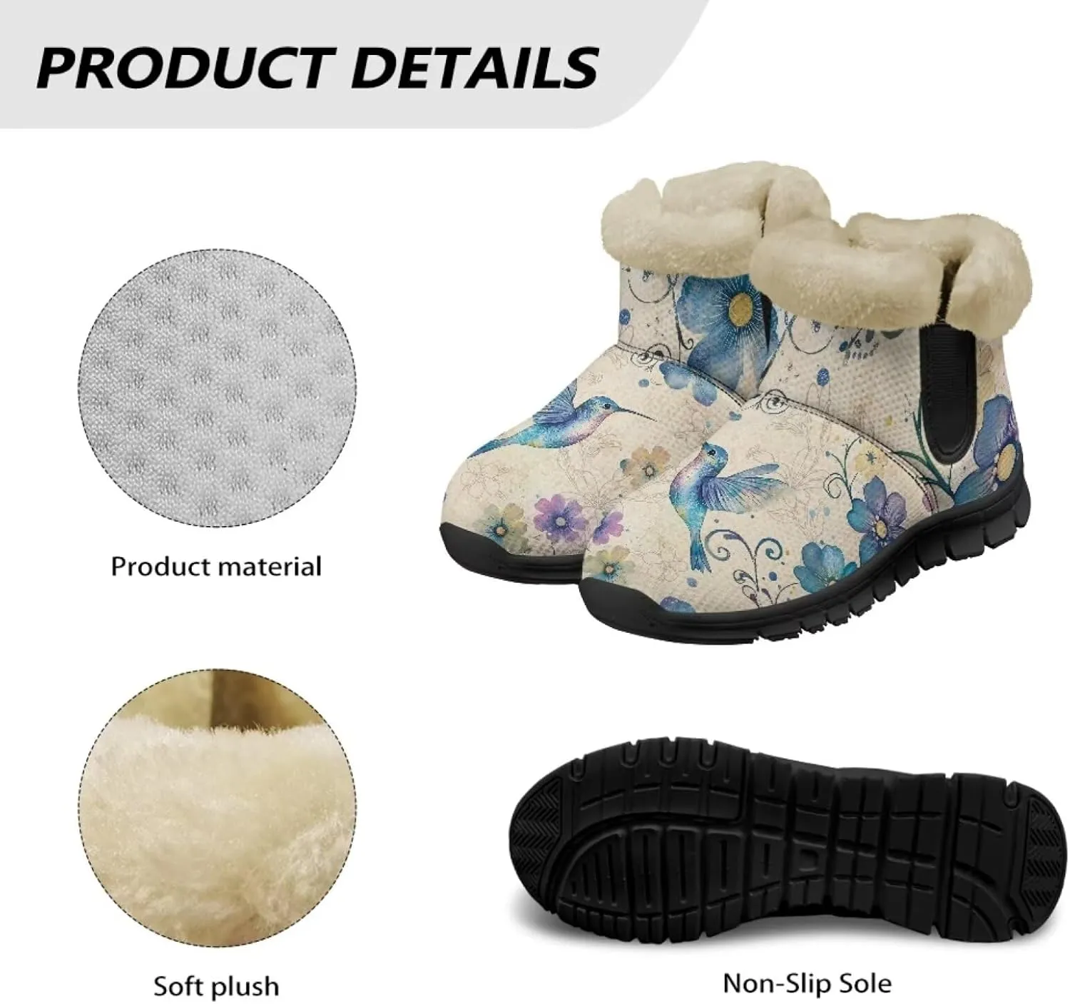 Flower Snow Boots for Women Winter Ankle Fuzzy Boot Warm Outdoor Booties Plush Fluffy Hiking Shoes