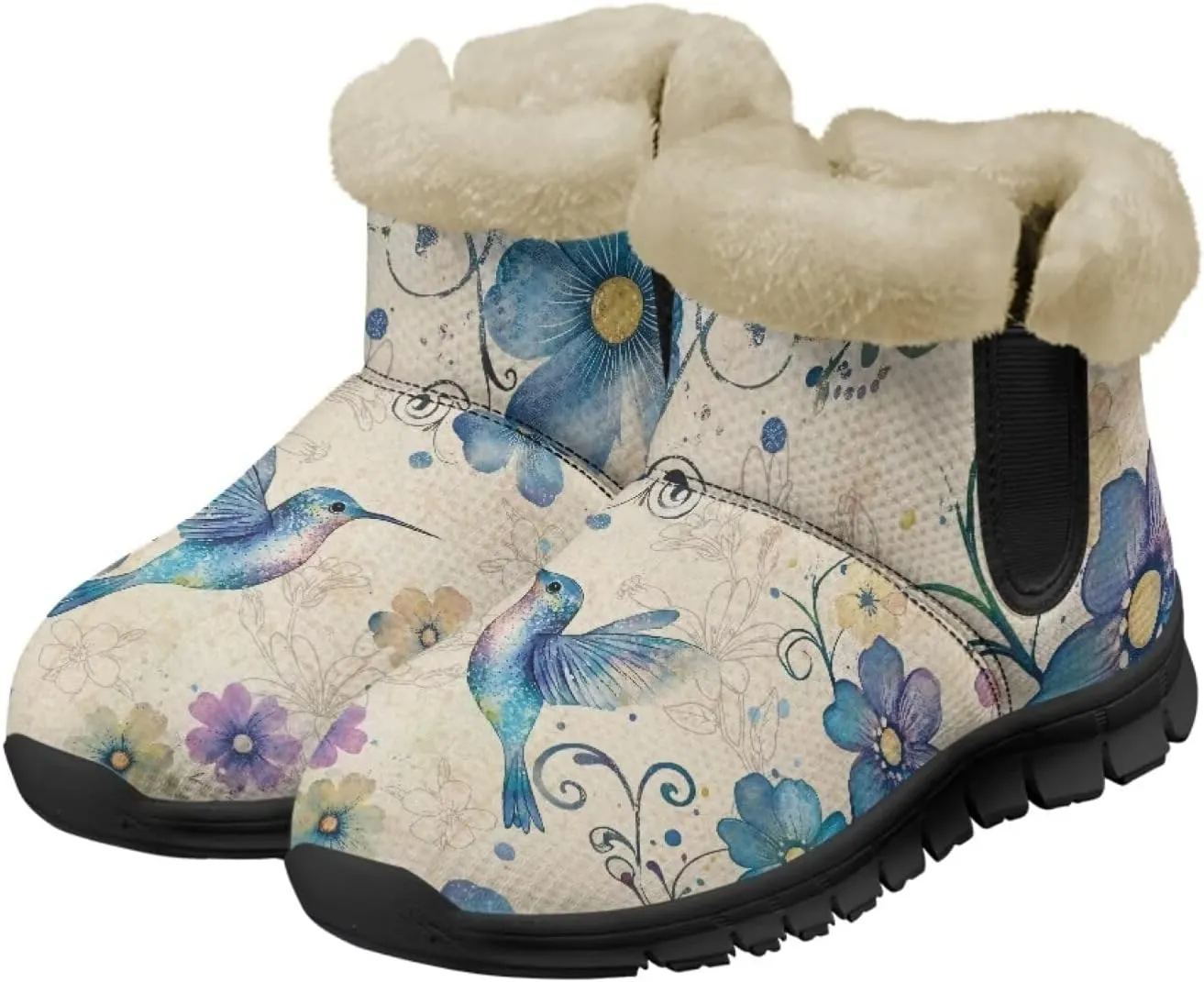 Flower Snow Boots for Women Winter Ankle Fuzzy Boot Warm Outdoor Booties Plush Fluffy Hiking Shoes