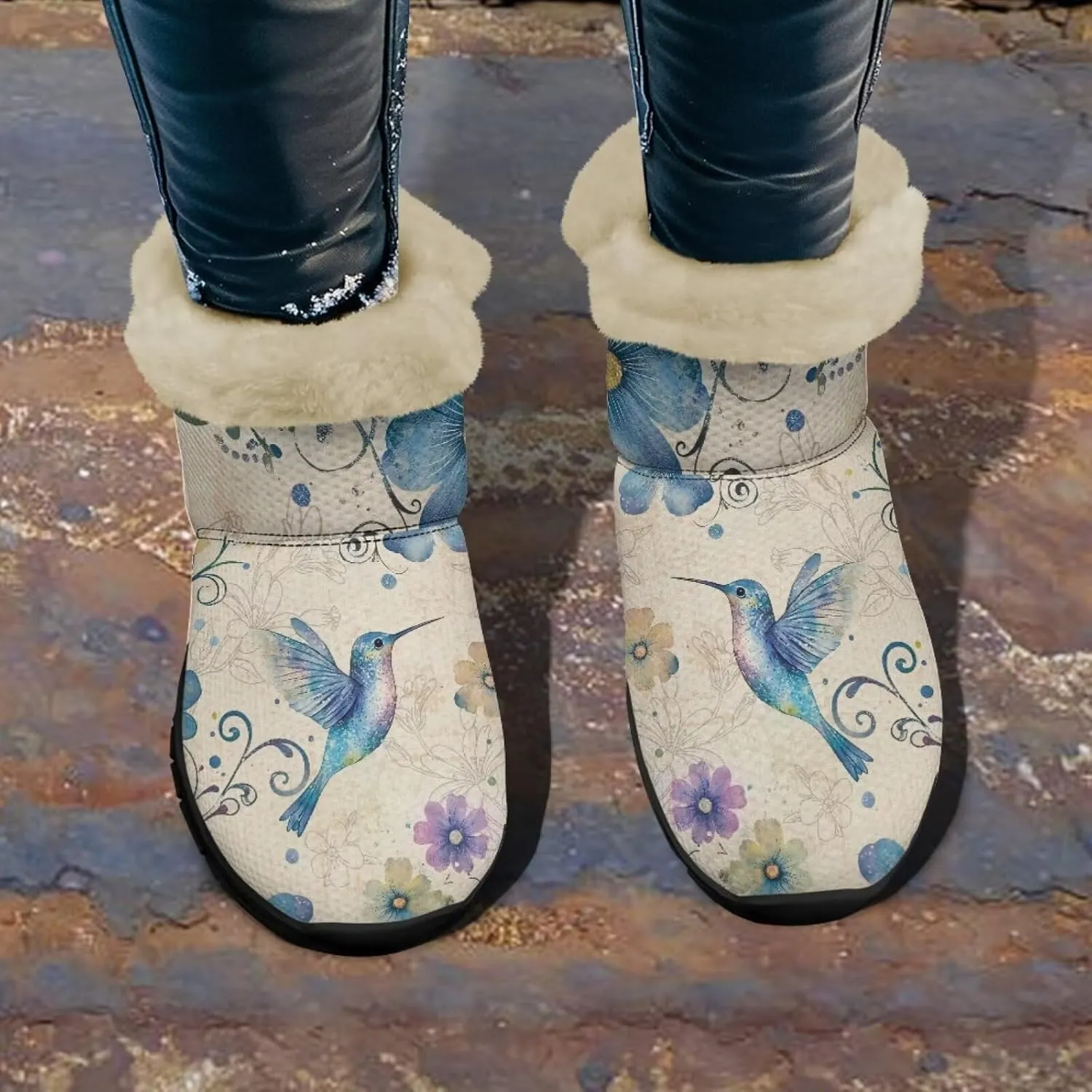 Flower Snow Boots for Women Winter Ankle Fuzzy Boot Warm Outdoor Booties Plush Fluffy Hiking Shoes
