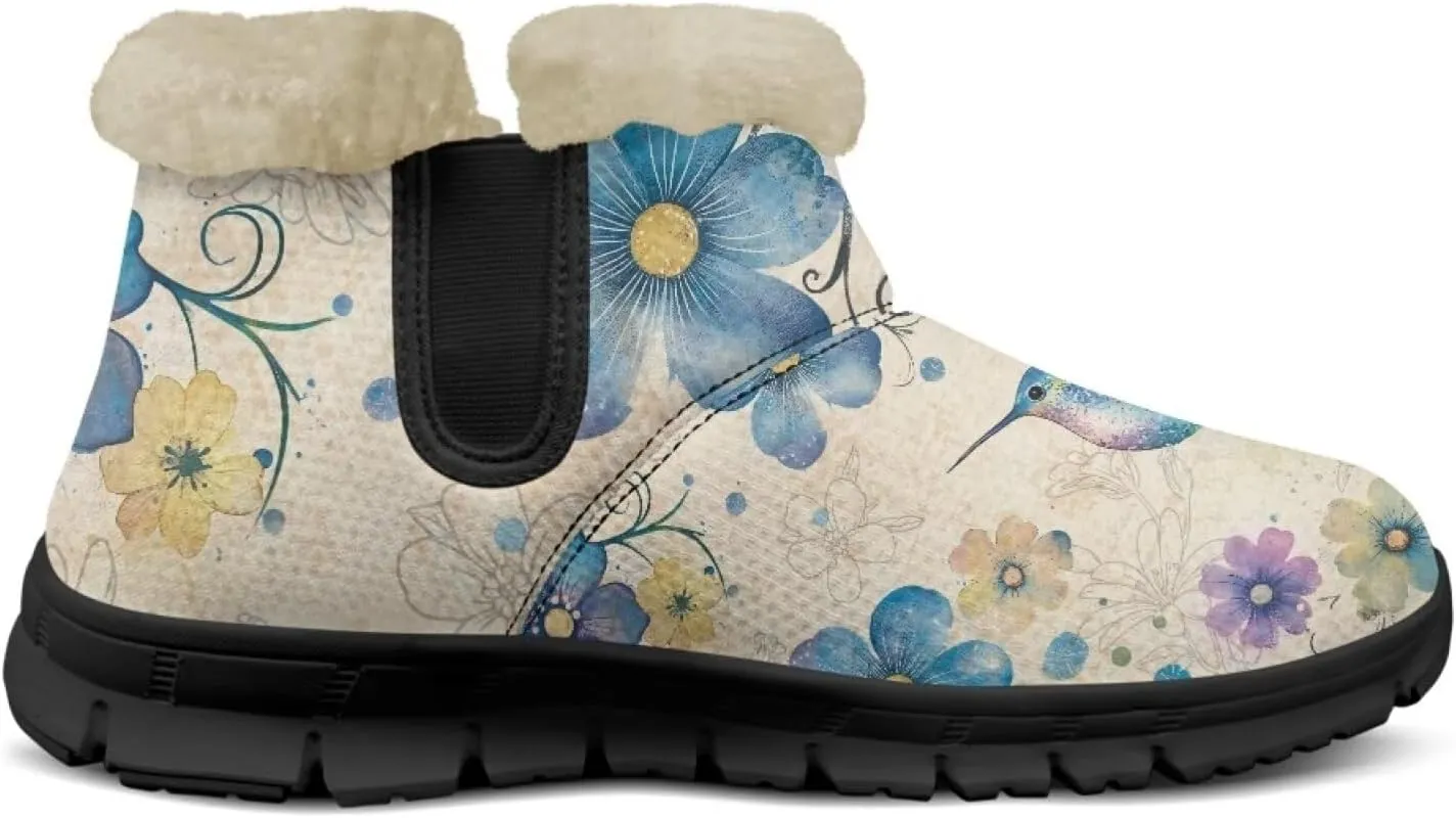 Flower Snow Boots for Women Winter Ankle Fuzzy Boot Warm Outdoor Booties Plush Fluffy Hiking Shoes