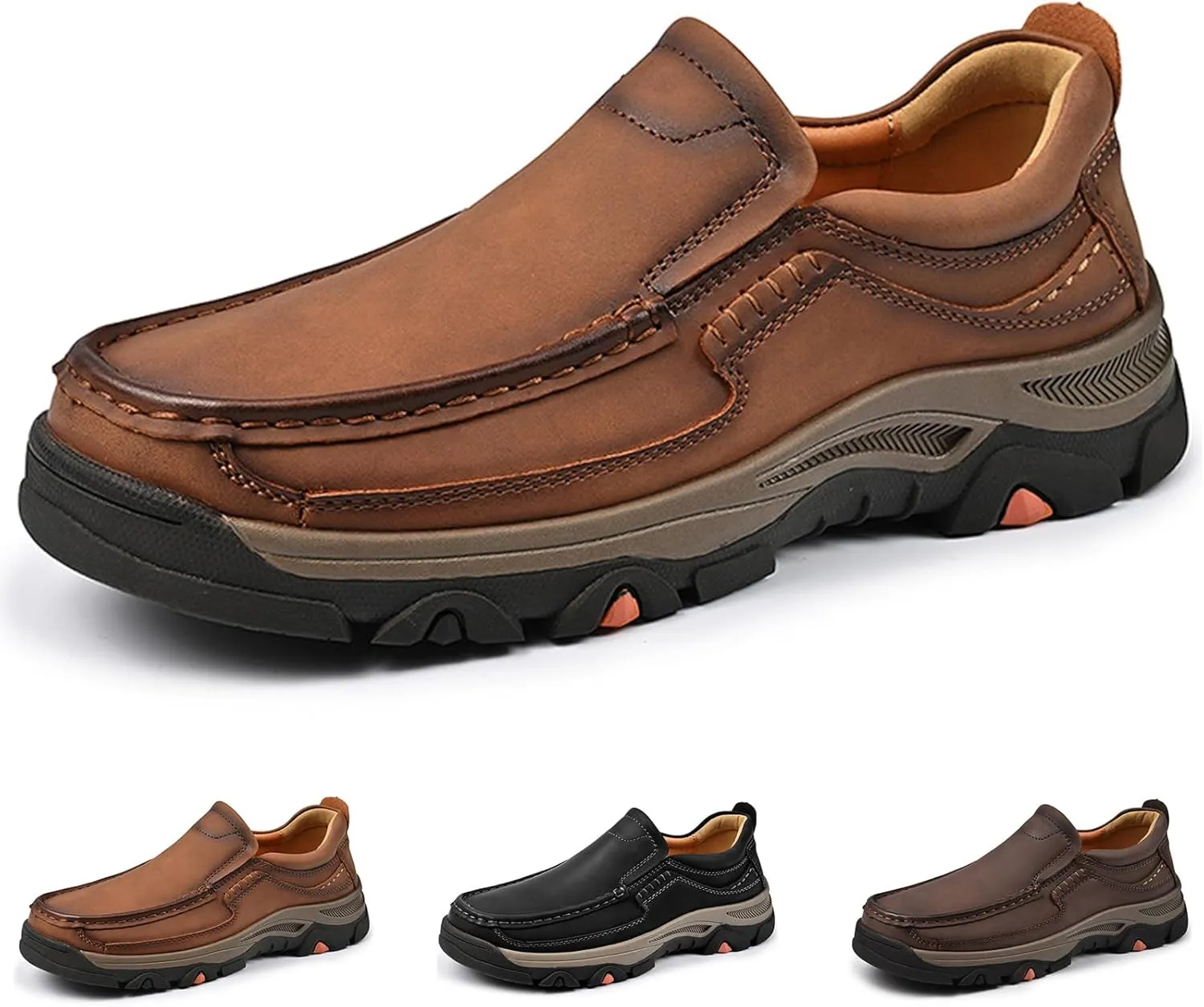 Men Non Slip Hiking Shoes, Waterproof Leather Loafers, Casual Lightweight Slip on Walking Sneakers, for Walking Trekking Outdoor
