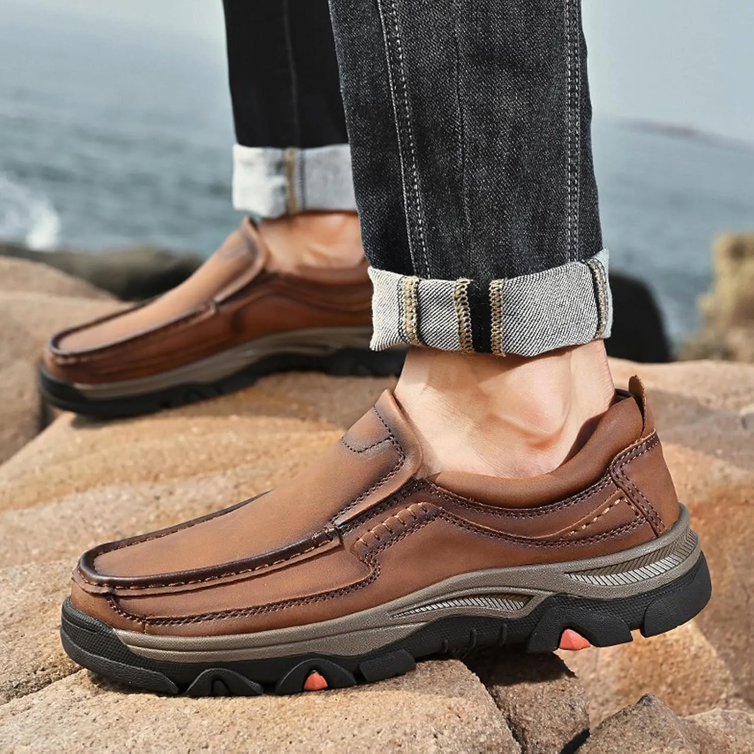 Men Non Slip Hiking Shoes, Waterproof Leather Loafers, Casual Lightweight Slip on Walking Sneakers, for Walking Trekking Outdoor