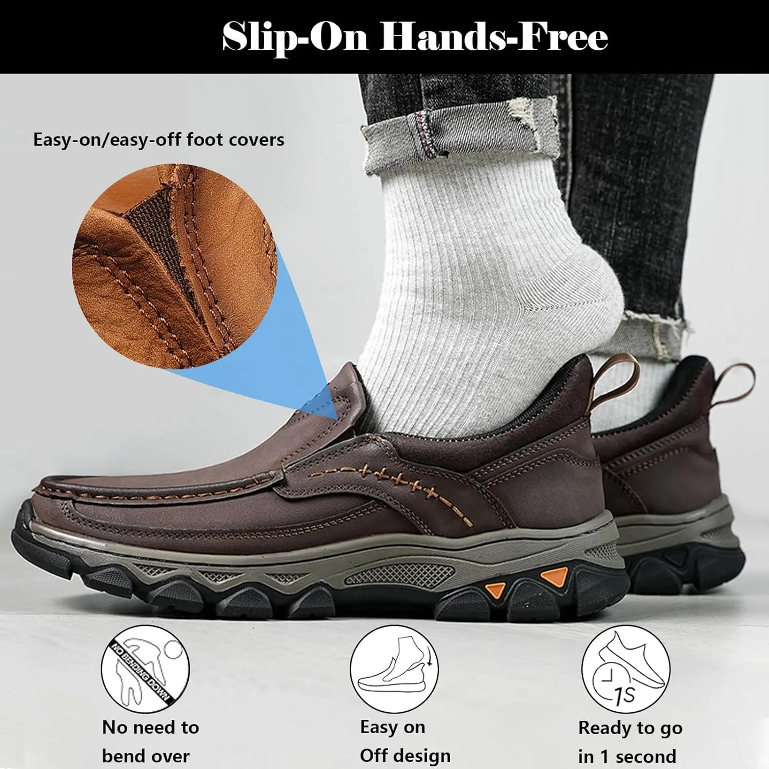 Men Non Slip Hiking Shoes, Waterproof Leather Loafers, Casual Lightweight Slip on Walking Sneakers, for Walking Trekking Outdoor