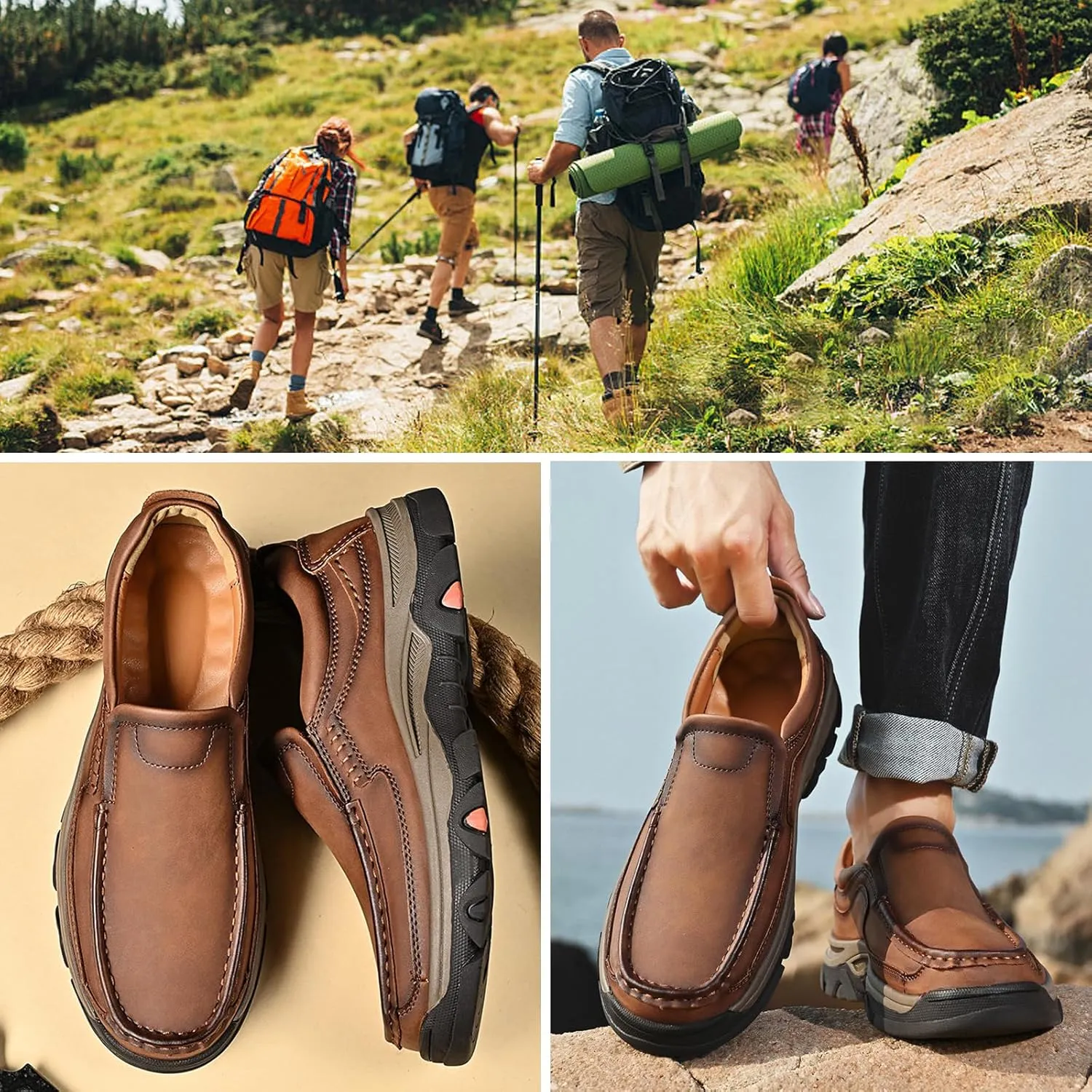 Men Non Slip Hiking Shoes, Waterproof Leather Loafers, Casual Lightweight Slip on Walking Sneakers, for Walking Trekking Outdoor
