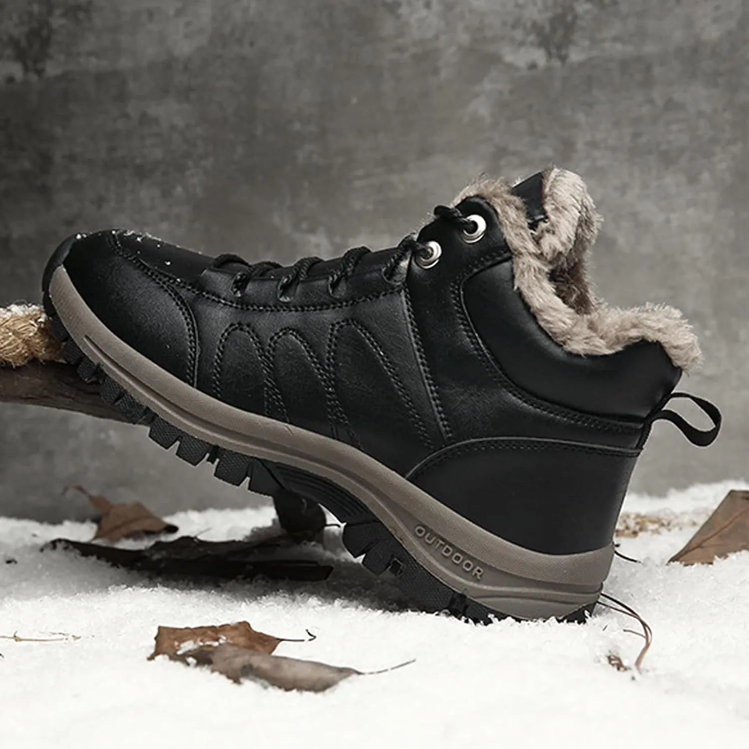 Men'S Leather Lace-Up Platform Lightweight Snow Boots Comfort Warm Fully Fur Lined Water Proof Non-Slip Slip-On High Top Hiking Boots For Driving Outdoor Trekking Winter Boots