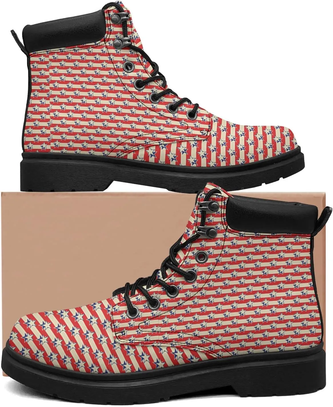 Patriotic Holiday Usa American Flag Boots Womens Snow Boots Ankle Anti-Slip Combat Boots Lace Up Winter Waterproof Leather Boots Shoes Gifts for Women