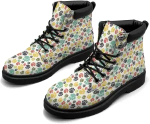 Pitovozu Colorful Dog Footprints Boots Womens Snow Boots Ankle Anti-Slip Combat Boots Lace Up Winter Waterproof Leather Boots Shoes Gifts for Women