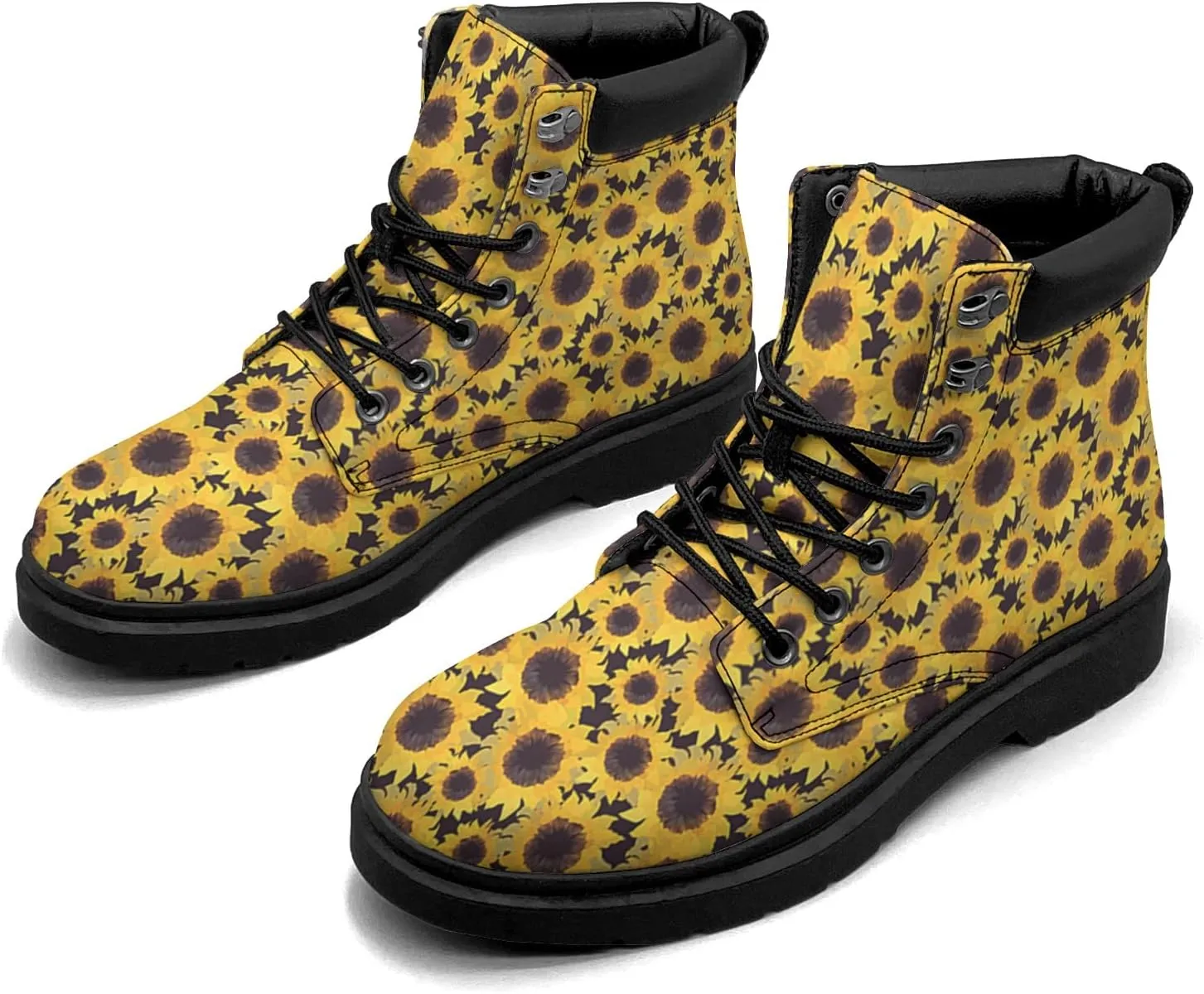 Pitovozu Sunflower Boots Womens Snow Boots Ankle Anti-Slip Combat Boots Lace Up Winter Waterproof Leather Boots Shoes Gifts for Women