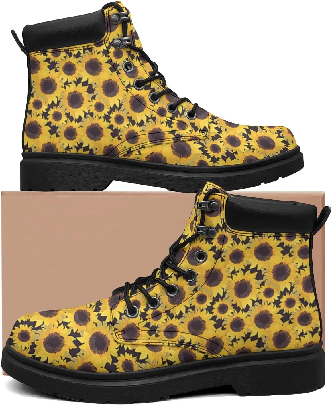 Pitovozu Sunflower Boots Womens Snow Boots Ankle Anti-Slip Combat Boots Lace Up Winter Waterproof Leather Boots Shoes Gifts for Women