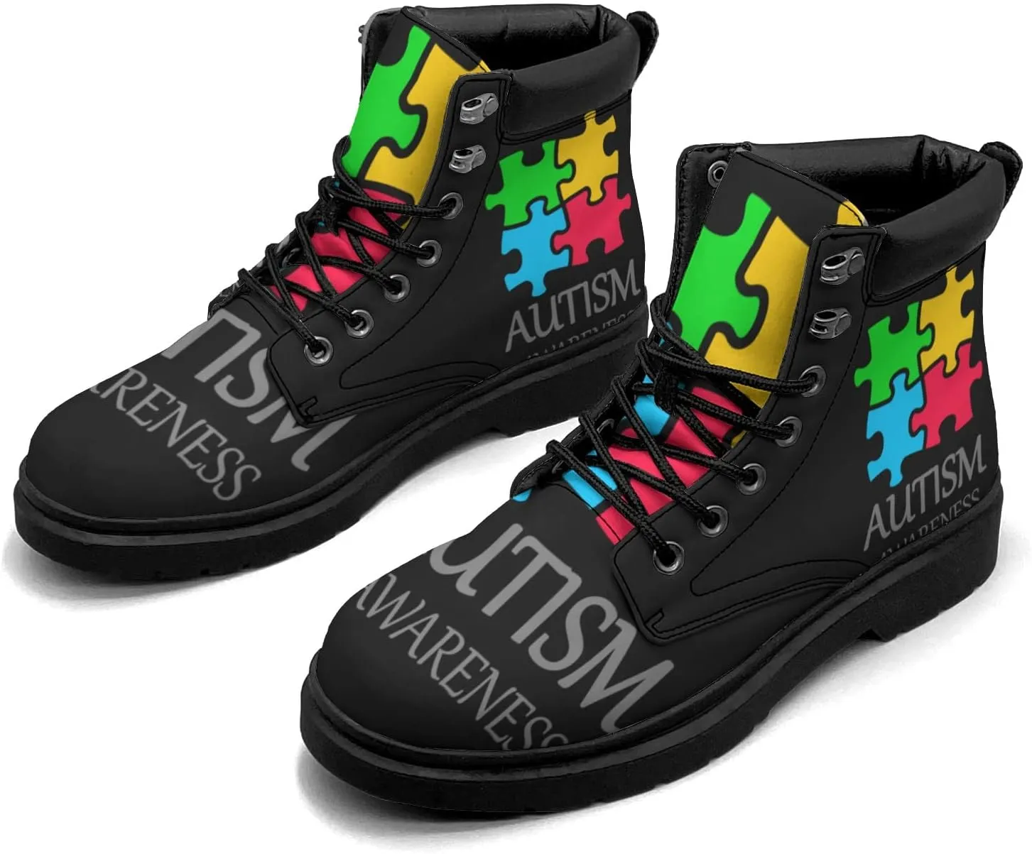 Pitovozu Sunflower World Autism Awareness Boots Womens Snow Boots Ankle Anti-Slip Combat Boots Lace Up Winter Waterproof Leather Boots Shoes Gifts for Women