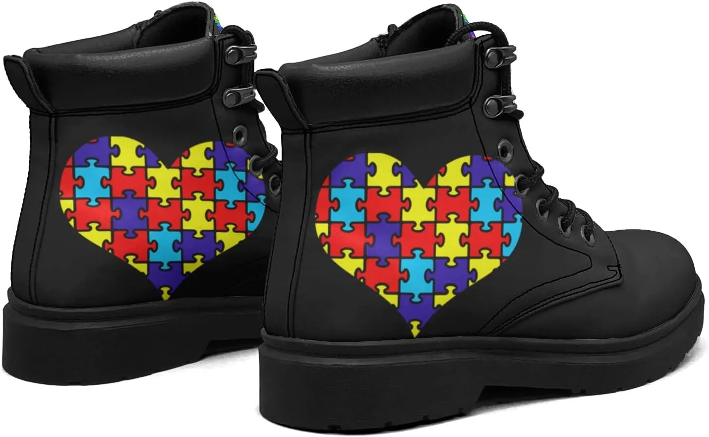 Pitovozu Sunflower World Autism Awareness Boots Womens Snow Boots Ankle Anti-Slip Combat Boots Lace Up Winter Waterproof Leather Boots Shoes Gifts for Women