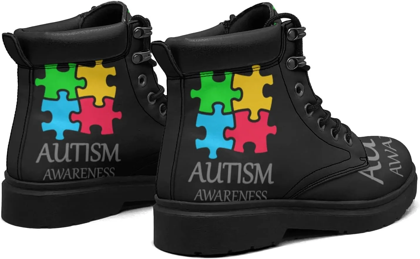 Pitovozu Sunflower World Autism Awareness Boots Womens Snow Boots Ankle Anti-Slip Combat Boots Lace Up Winter Waterproof Leather Boots Shoes Gifts for Women