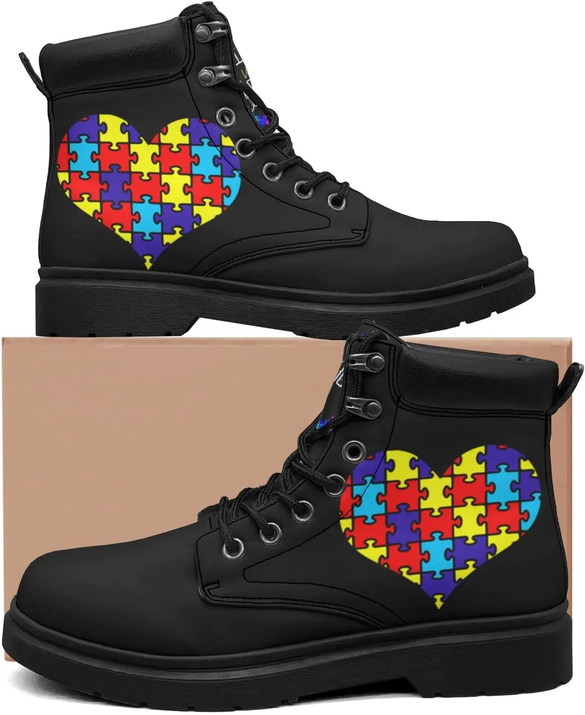 Pitovozu Sunflower World Autism Awareness Boots Womens Snow Boots Ankle Anti-Slip Combat Boots Lace Up Winter Waterproof Leather Boots Shoes Gifts for Women
