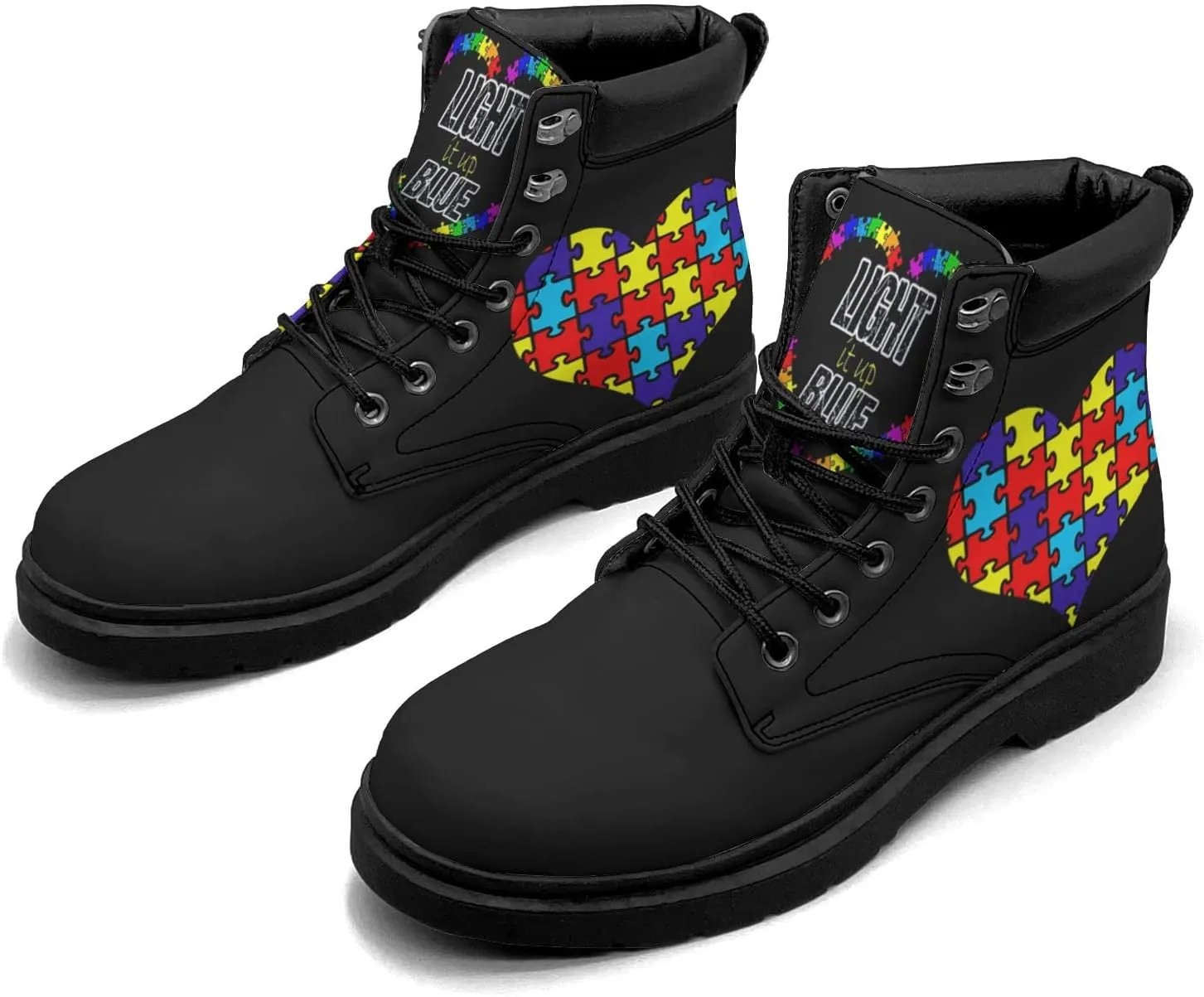 Pitovozu Sunflower World Autism Awareness Boots Womens Snow Boots Ankle Anti-Slip Combat Boots Lace Up Winter Waterproof Leather Boots Shoes Gifts for Women