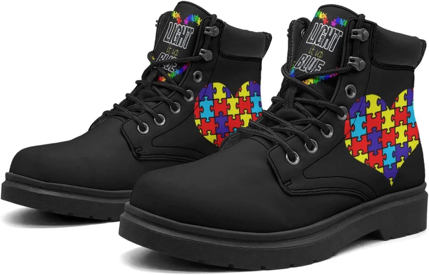 Pitovozu Sunflower World Autism Awareness Boots Womens Snow Boots Ankle Anti-Slip Combat Boots Lace Up Winter Waterproof Leather Boots Shoes Gifts for Women