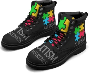 Pitovozu Sunflower World Autism Awareness Boots Womens Snow Boots Ankle Anti-Slip Combat Boots Lace Up Winter Waterproof Leather Boots Shoes Gifts for Women