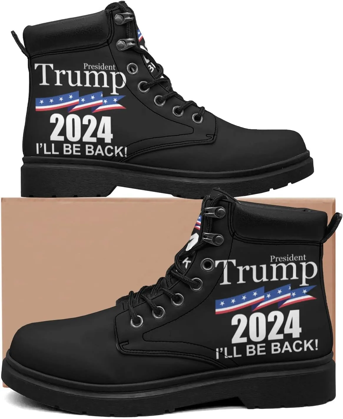 Pitovozu Trump 2024 Boots Womens Snow Boots Ankle Anti-Slip Combat Boots Lace Up Winter Waterproof Leather Boots Shoes Gifts for Women
