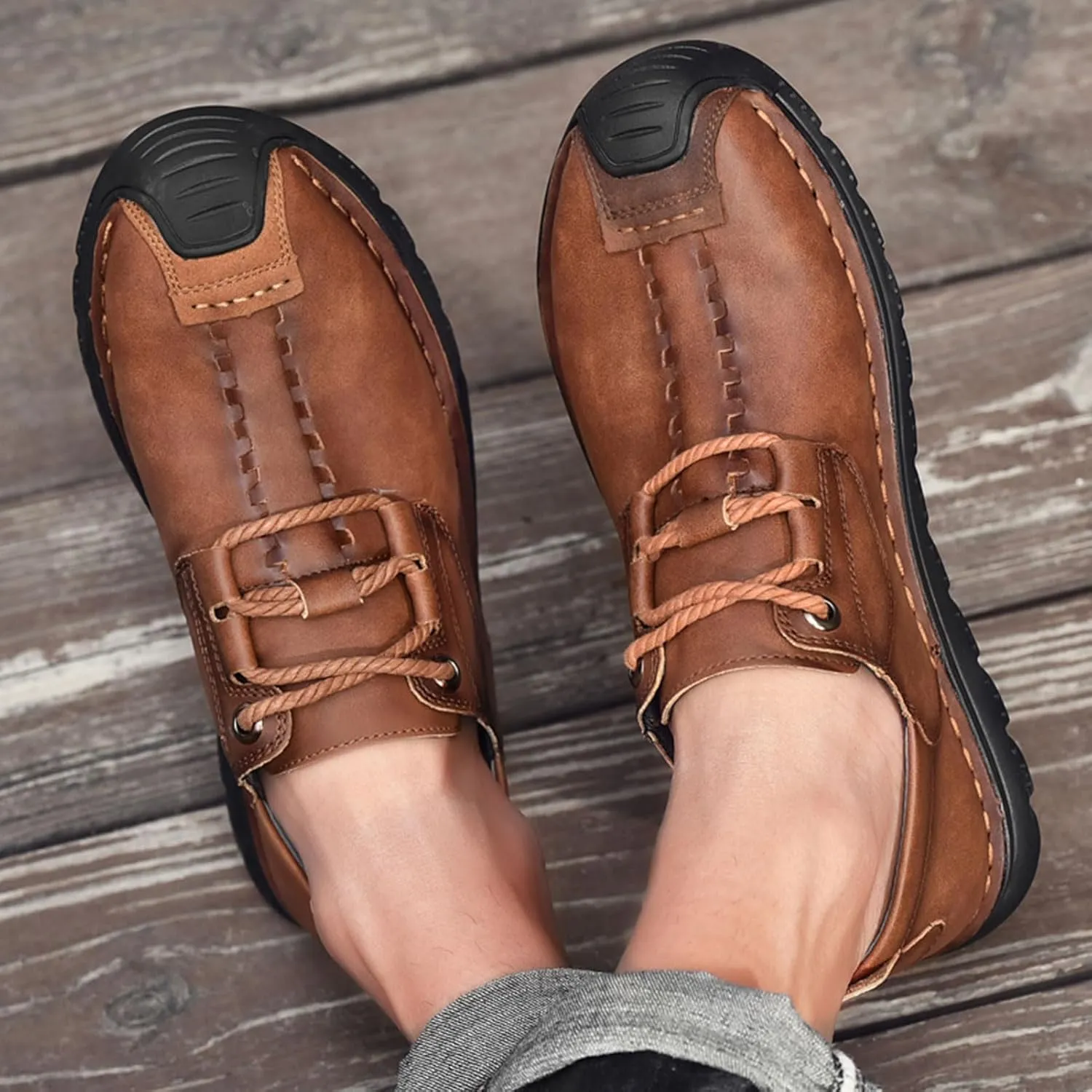 VOCECO Mens Casual Leather Loafers Lightweight Breathable Outdoor Walking Slip On Sneakers Walking Driving Shoes