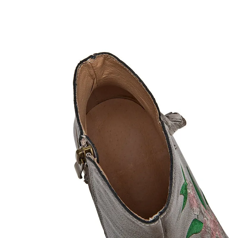 Women's Genuine Leather Chelsea Boots With Embroidery Flowers in Gray