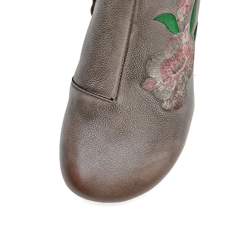 Women's Genuine Leather Chelsea Boots With Embroidery Flowers in Gray